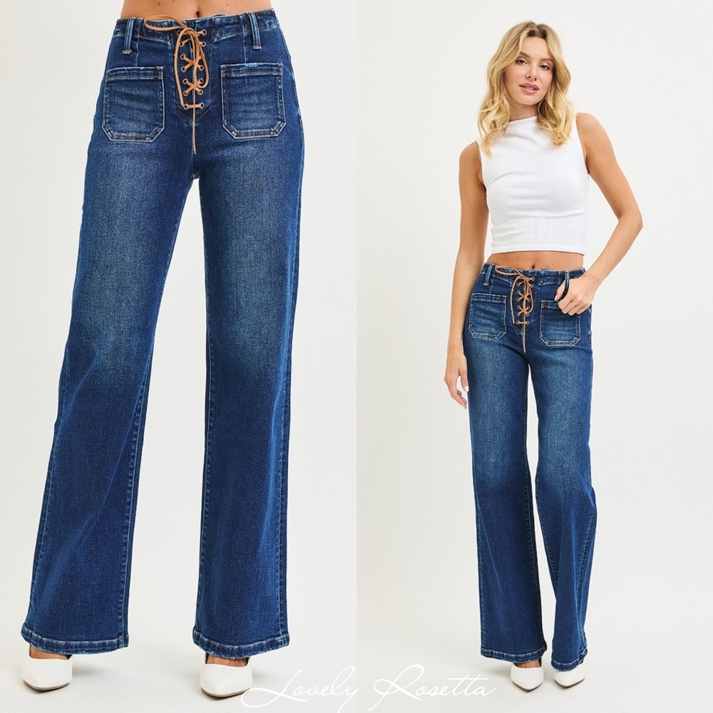 Women's Blue Wide Leg Front Tie Detail Jeans - Picture 9 of 10
